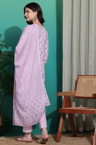 Women's lavender & white paisley sequin work pure cotton straight fit kurta set with bottom and dupatta