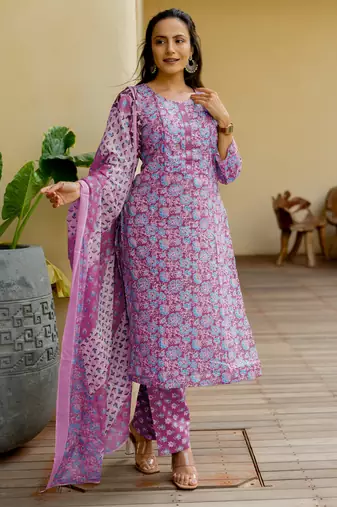 Women's magenta & turquoise floral print pure cotton straight fit kurta set with bottom and dupatta (3-piece set)