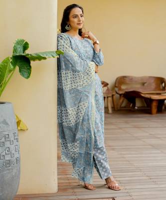 Women's grey & turquoise floral print pure cotton straight fit kurta set with bottom and dupatta (3-piece set) 2