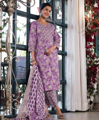 Women's lavendar floral print pure cotton straight fit kurta set with bottom and dupatta (3-piece set) 2