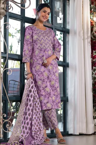 Women's lavendar floral print pure cotton straight fit kurta set with bottom and dupatta (3-piece set)