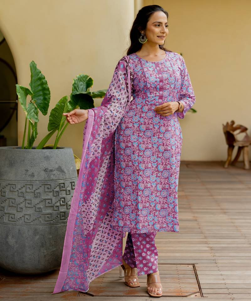 Women's magenta & turquoise floral print pure cotton straight fit kurta set with bottom and dupatta (3-piece set)