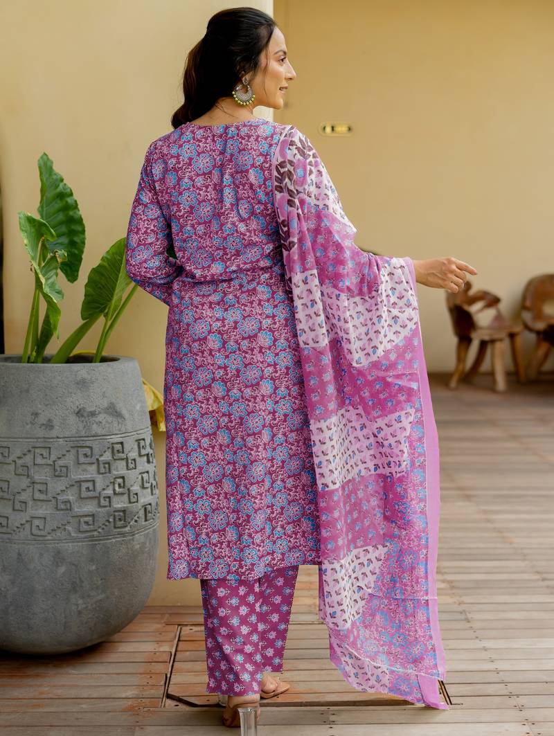 Women's magenta & turquoise floral print pure cotton straight fit kurta set with bottom and dupatta (3-piece set)
