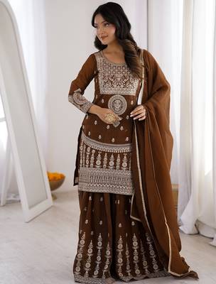 Chocolate brown crunchy silk embroidered kurta palazzo set 1