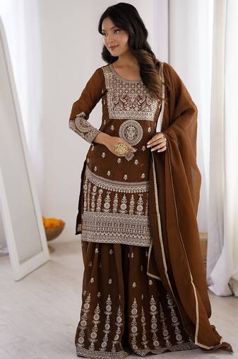 Chocolate brown crunchy silk embroidered kurta palazzo set