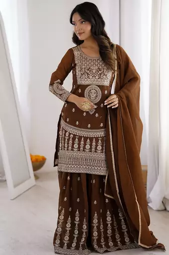 Chocolate brown crunchy silk embroidered kurta palazzo set