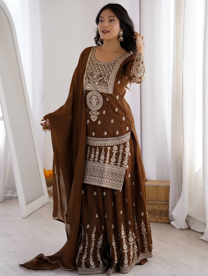 Chocolate brown crunchy silk embroidered kurta palazzo set