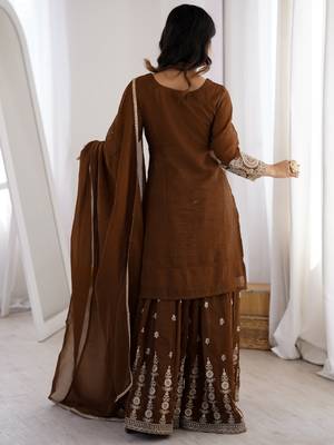 Chocolate brown crunchy silk embroidered kurta palazzo set 3