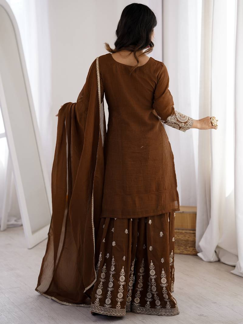 Chocolate brown crunchy silk embroidered kurta palazzo set