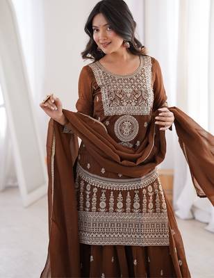 Chocolate brown crunchy silk embroidered kurta palazzo set 4
