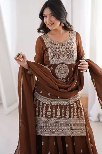 Chocolate brown crunchy silk embroidered kurta palazzo set