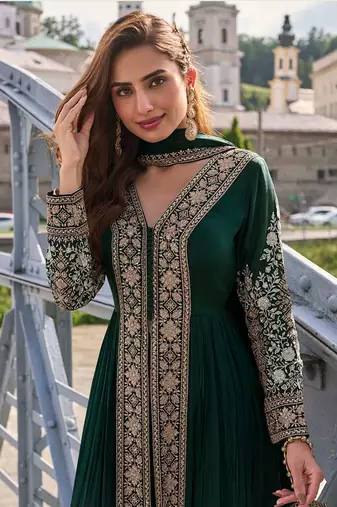 Bottle green chinon embroidered salwar suit semi stitched up to 42" size