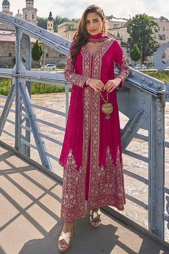 Rani pink chinon embroidered salwar suit semi stitched up to 42" size