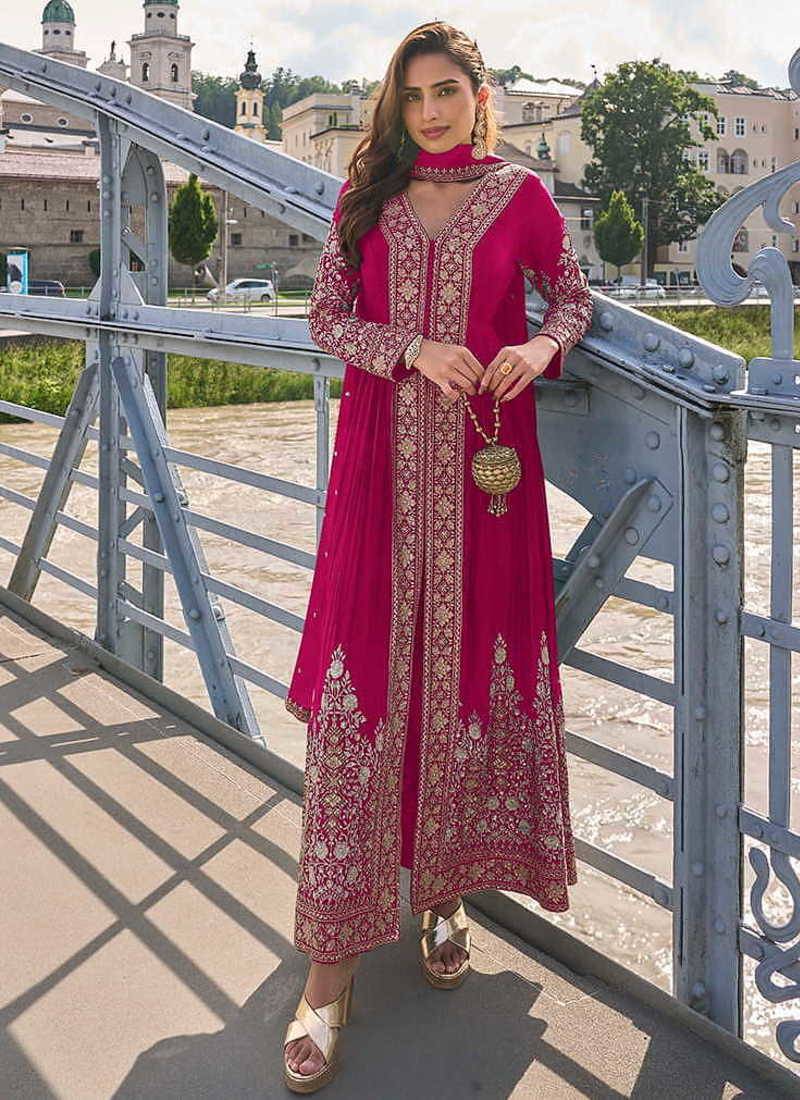 Rani pink chinon embroidered salwar suit semi stitched up to 42" size