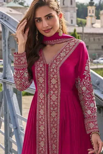 Rani pink chinon embroidered salwar suit semi stitched up to 42" size