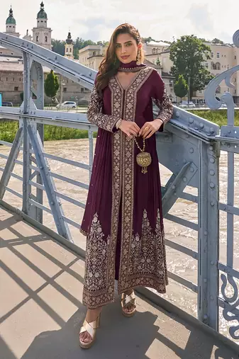 Wine chinon embroidered salwar suit semi stitched up to 42" size