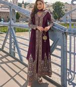 Wine chinon embroidered salwar suit semi stitched up to 42" size