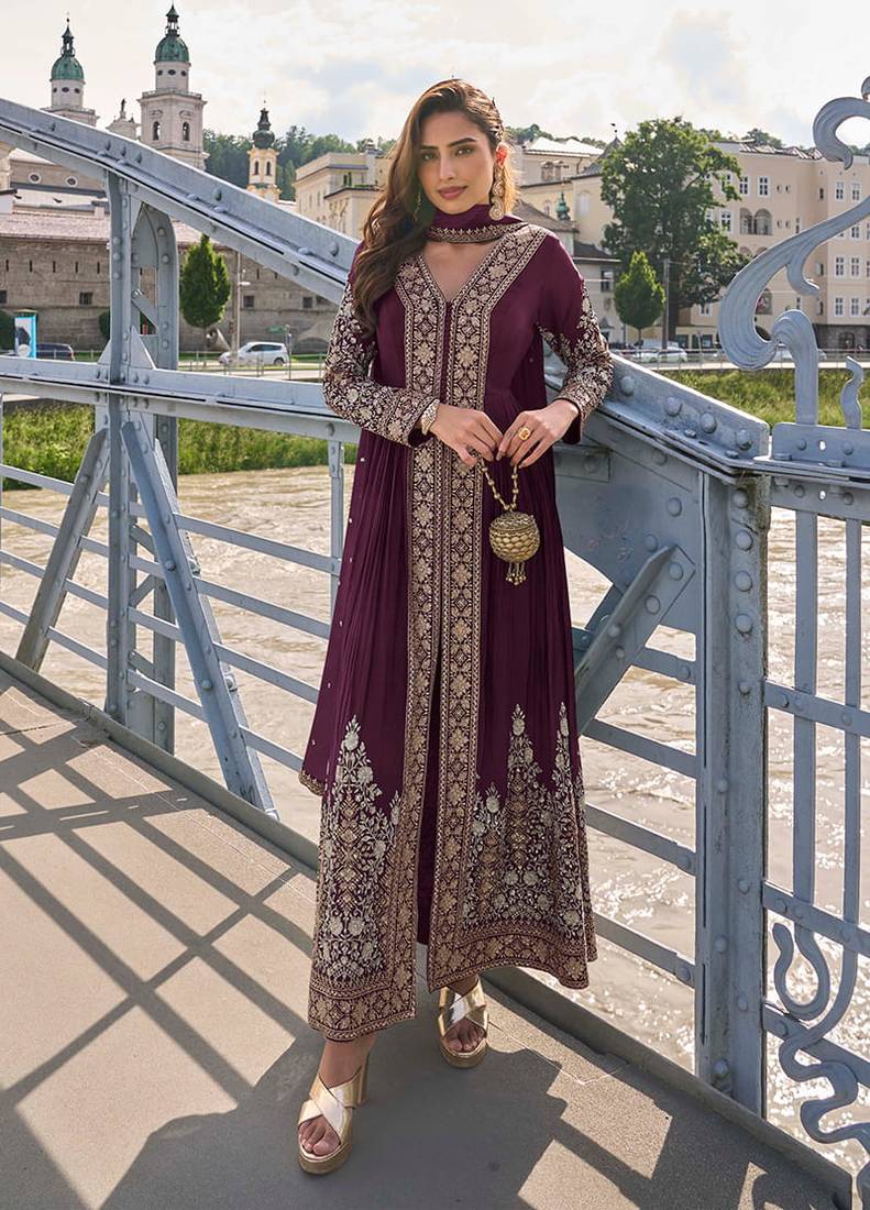 Wine chinon embroidered salwar suit semi stitched up to 42" size