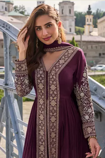 Wine chinon embroidered salwar suit semi stitched up to 42" size