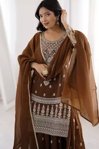 Chocolate brown designer kurta sharara with dupatta