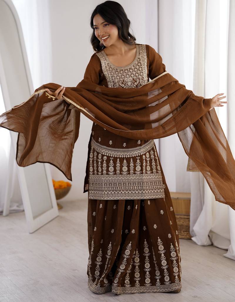 Chocolate brown designer kurta sharara with dupatta