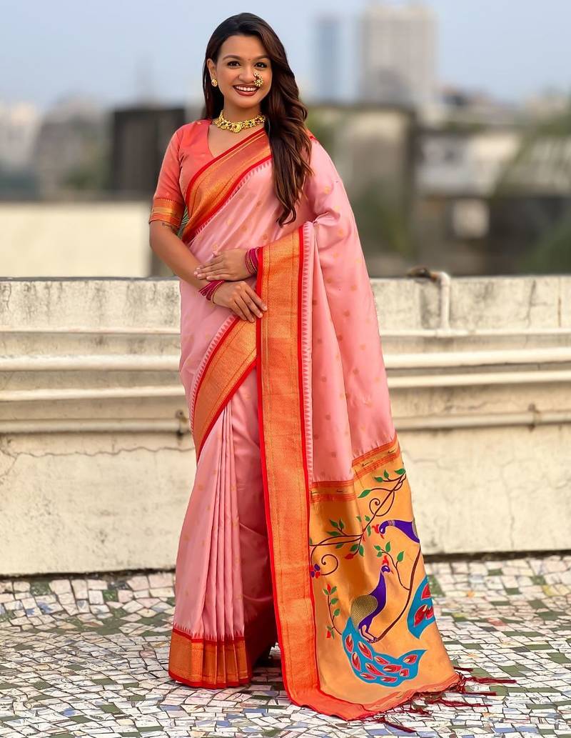 multicolor zari woven paithani art silk traditional wear saree with unstitched blouse