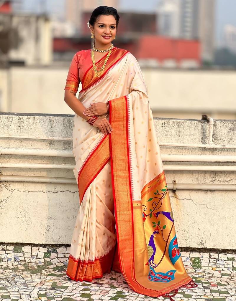 multicolor zari woven paithani art silk traditional wear saree with unstitched blouse
