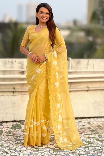 floral embroidered pure chanda kora art silk festive wear saree with unstitched blouse