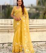 floral embroidered pure chanda kora art silk festive wear saree with unstitched blouse