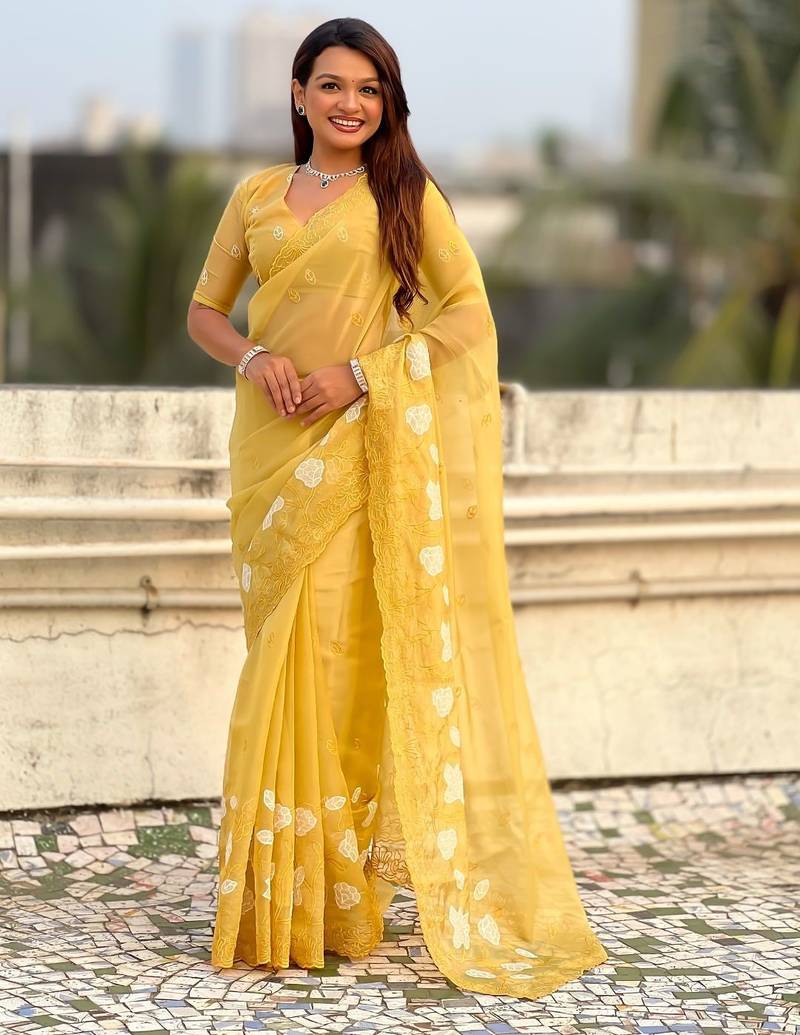 floral embroidered pure chanda kora art silk festive wear saree with unstitched blouse