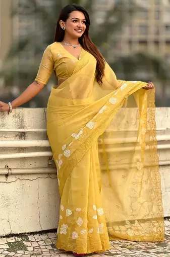 floral embroidered pure chanda kora art silk festive wear saree with unstitched blouse