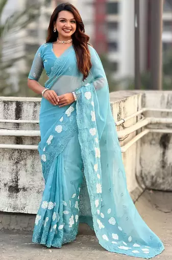 floral embroidered pure chanda kora art silk festive wear saree with unstitched blouse