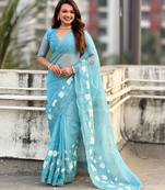 floral embroidered pure chanda kora art silk festive wear saree with unstitched blouse