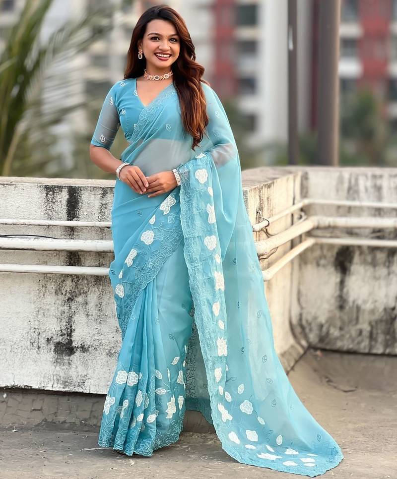 floral embroidered pure chanda kora art silk festive wear saree with unstitched blouse