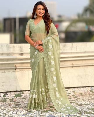 floral embroidered pure chanda kora art silk festive wear saree with unstitched blouse 1