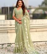 floral embroidered pure chanda kora art silk festive wear saree with unstitched blouse