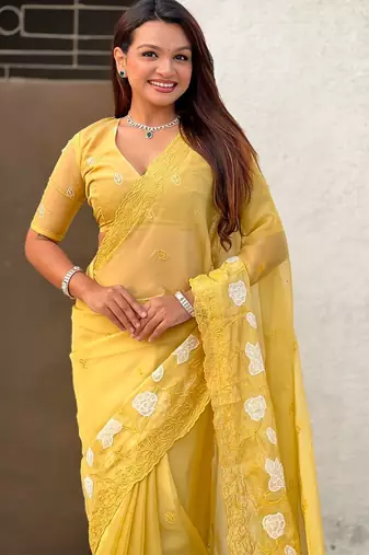 floral embroidered pure chanda kora art silk festive wear saree with unstitched blouse