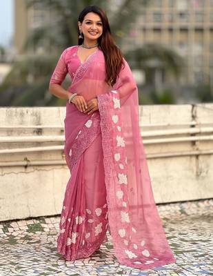 floral embroidered pure chanda kora art silk festive wear saree with unstitched blouse 1
