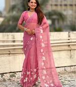 floral embroidered pure chanda kora art silk festive wear saree with unstitched blouse