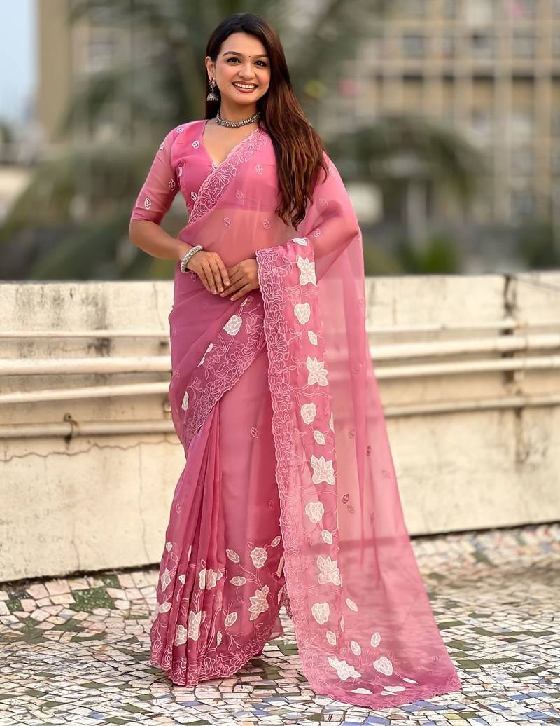 floral embroidered pure chanda kora art silk festive wear saree with unstitched blouse