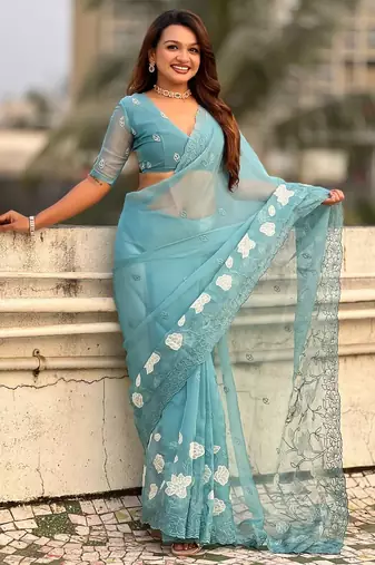 floral embroidered pure chanda kora art silk festive wear saree with unstitched blouse