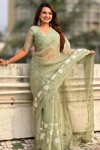 floral embroidered pure chanda kora art silk festive wear saree with unstitched blouse