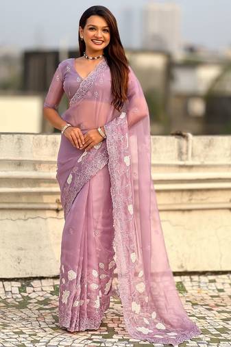 floral embroidered pure chanda kora art silk festive wear saree with unstitched blouse