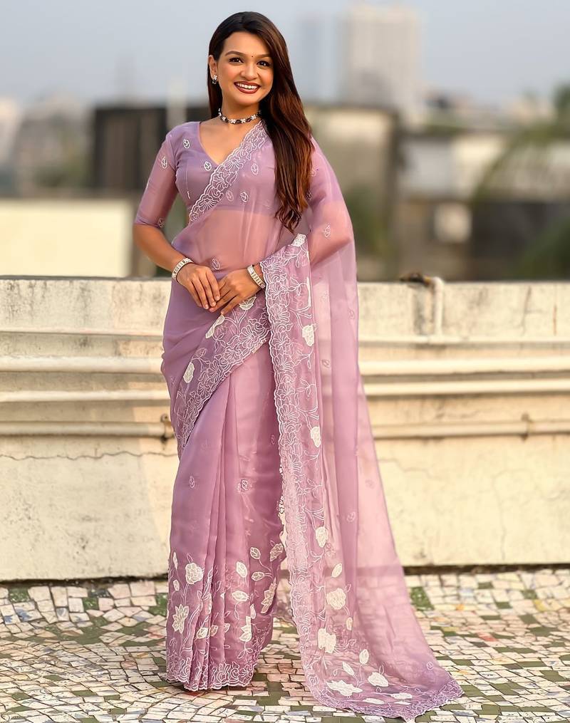 floral embroidered pure chanda kora art silk festive wear saree with unstitched blouse