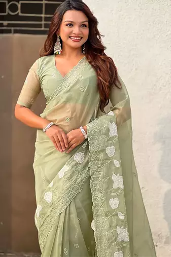 floral embroidered pure chanda kora art silk festive wear saree with unstitched blouse