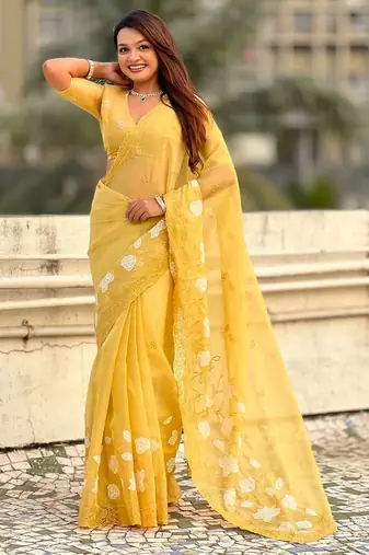 floral embroidered pure chanda kora art silk festive wear saree with unstitched blouse
