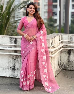 floral embroidered pure chanda kora art silk festive wear saree with unstitched blouse 2