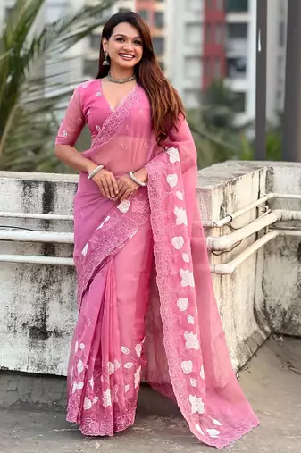 floral embroidered pure chanda kora art silk festive wear saree with unstitched blouse
