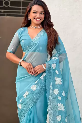 floral embroidered pure chanda kora art silk festive wear saree with unstitched blouse