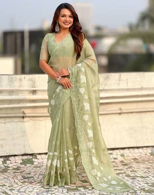 floral embroidered pure chanda kora art silk festive wear saree with unstitched blouse 4